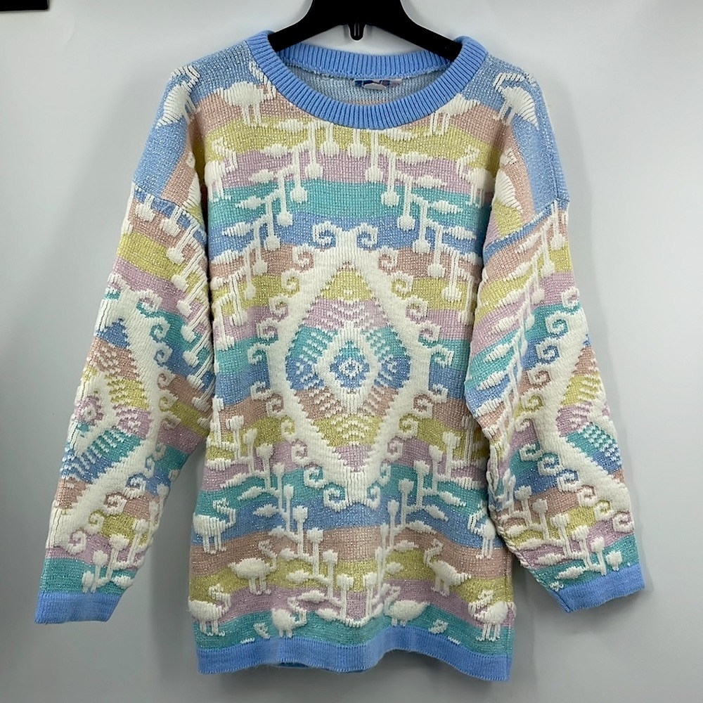 Vintage 80s ROSE Pastel Southwestern Goose Sweater USA Size 38 Extra Large